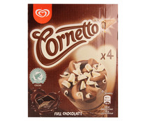 Barquillo relleno de chocolate, coronado con helado de chocolate con trocitos de chocolate blanco CORNETTO 4 x 90 ml. Barquillo relleno de chocolate, coronado con helado de chocolate con trocitos de chocolate blanco CORNETTO 4 x 90 ml.