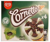 Barquillo relleno de chocolate y coronado con helado de menta con trocitos de chocolate CORNETTO 4 x 90 ml. Barquillo relleno de chocolate y coronado con helado de menta con trocitos de chocolate CORNETTO 4 x 90 ml.