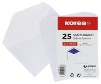 Paquete de 25 sobres de tamaño 72 x 110 mm, peso de 80 g/m² y de color blanco KORES. Paquete de 25 sobres de tamaño 72 x 110 mm, peso de 80 g/m² y de color blanco KORES.