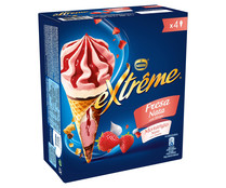 Conos de helado de nata y fresa, con sirope de fresa EXTRÉME de Nestlé 4 x 120 ml. Conos de helado de nata y fresa, con sirope de fresa EXTRÉME de Nestlé 4 x 120 ml.