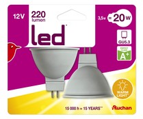 Lote de 2 focos led spot de 3.5W, con casquillos GU5.3 y luz cálida AUCHAN. Lote de 2 focos led spot de 3.5W, con casquillos GU5.3 y luz cálida AUCHAN.