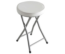 Taburete plegable de tubo con asiento de cuero color blanco, TABURETE. Taburete plegable de tubo con asiento de cuero color blanco, TABURETE.