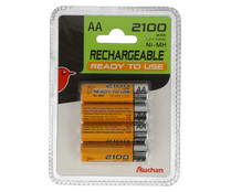 Paquete de 4 pilas recargables de Ni-MH, del tipo AA o HR6 y 2100 mAh AUCHAN. Paquete de 4 pilas recargables de Ni-MH, del tipo AA o HR6 y 2100 mAh AUCHAN.