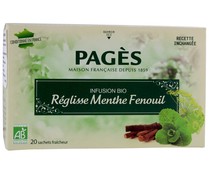 Infusión de regaliz con menta e hinojo ecológico PAGÉS 20 sobres de 1,5 gr, Infusión de regaliz con menta e hinojo ecológico PAGÉS 20 sobres de 1,5 gr,