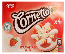 Barquillo relleno de chocolate, coronado con helado de fresa y trocitos de chocolate blanco CORNETTO 4 x 90 ml. Barquillo relleno de chocolate, coronado con helado de fresa y trocitos de chocolate blanco CORNETTO 4 x 90 ml.