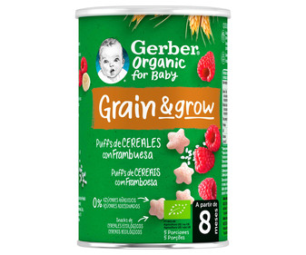 Snacks de cereales ecológios con frambuesas, a partir de 8 meses GERBER Organic grain & grow 35 g. Snacks de cereales ecológios con frambuesas, a partir de 8 meses GERBER Organic grain & grow 35 g.