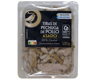 Tiras de pechuga de pollo asado ideales para ensaladas, arroces y pizzas ALCAMPO GOURMET 100 g. Tiras de pechuga de pollo asado ideales para ensaladas, arroces y pizzas ALCAMPO GOURMET 100 g.