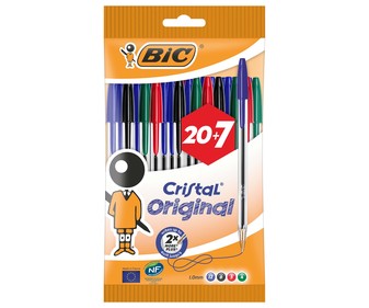 Lote de 27 bolígrafos con capucha de forma triangular, punta mediana y grosor de escritura de 1 milímetro, con tinta de colores, azul, negro, rojo y verde BIC Cristal.