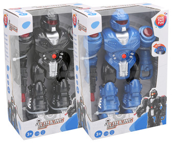 Robot interactivo con sonidos y movimiento Walking robor de 23 cm., color azul o negro, ONE TWO FUN ALCAMPO. Robot interactivo con sonidos y movimiento Walking robor de 23 cm., color azul o negro, ONE TWO FUN ALCAMPO.