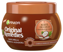 Mascarilla capilar con aceite de coco y manteca de cacao, para cabellos rebeldes y difíciles de alisar ORIGINAL REMEDIES de Garnier  300 ml.