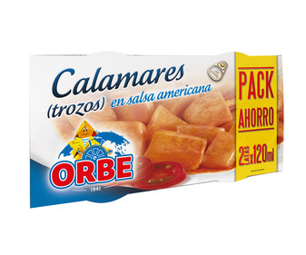 Calamares (trozos) en salsa Americana ORBE, pack de 2 uds. de 72 g. Calamares (trozos) en salsa Americana ORBE, pack de 2 uds. de 72 g.