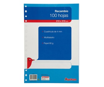 Recambio de tamaño DIN-A4 con cuadrícula de 4x4 mm, multitaladro y con 100 hojas de 80 g PRODUCTO ALCAMPO. Recambio de tamaño DIN-A4 con cuadrícula de 4x4 mm, multitaladro y con 100 hojas de 80 g PRODUCTO ALCAMPO.