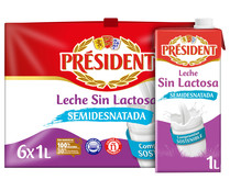 Leche de vaca semidesnatada y sin lactosa de origen 100% española PRESIDENT 6 x 1 l.