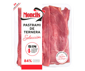 Pastrami de ternera con ahumado natural con madera de haya, cortado en lonchas MONELLS Selección 100 g. Pastrami de ternera con ahumado natural con madera de haya, cortado en lonchas MONELLS Selección 100 g.