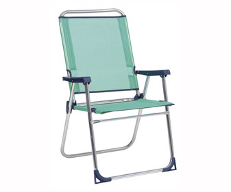 Silla marinera plegable para camping y playa. Fabricada en tubo redondo de aluminio y con asiento y respaldo alto de textileno FIBERLINE.