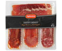 Surtido de ibéricos de cebo compuesto por lomo, chorizo, salchichón y jamón (50% raza ibérica) IGLESIAS 200 g.