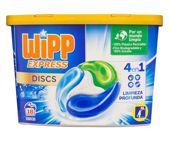 Detergente en cápsulas para lavadora 4 en 1 Disc WIPP EXPRESS 18 uds. Detergente en cápsulas para lavadora 4 en 1 Disc WIPP EXPRESS 18 uds.