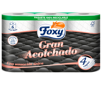 Papel higiénico de 4 capas Gran Acolchado FOXY de 6 uds. Papel higiénico de 4 capas Gran Acolchado FOXY de 6 uds.