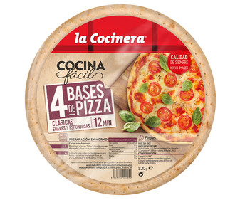Bases cláscicas para pizzas suaves y esponjosas LA COCINERA 4 x 130 g. Bases cláscicas para pizzas suaves y esponjosas LA COCINERA 4 x 130 g.