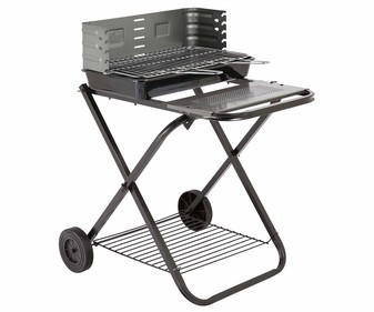 Barbacoa de carbón plegable de acero con ruedas, GARDEN STAR ALCAMPO. Barbacoa de carbón plegable de acero con ruedas, GARDEN STAR ALCAMPO.