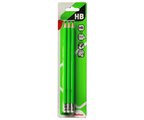 3 lápices de grafito, cuerpo color verde con dureza HB y goma para borrar, PRODUCTO ALCAMPO.