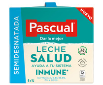 Leche semidesnatada de vaca, con vitaminas A, D, B6, B9 y B12, Zinc y Selenio PASCUAL Inmune 6 x 1 l.