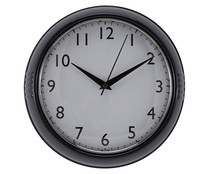 Reloj redondo de pared de color negro de 24 centímetros, ACTUEL. Reloj redondo de pared de color negro de 24 centímetros, ACTUEL.