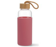 Botella de vidrio 0,5 litros con funda de silicona color rosa y tapa de bambú QUID.