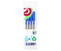 Pack de 4 bolígrafos plástico reciclable color azul, PRODUCTO ALCAMPO.