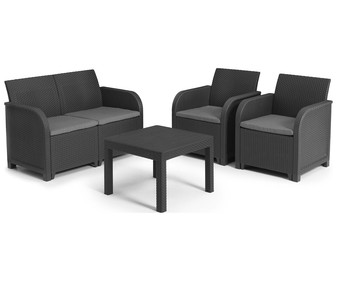 Conjunto de muebles de jardín Rosalie color grafito compuesto por 2 sillones individuales, sofá de 2 plazas y mesa, KETER.