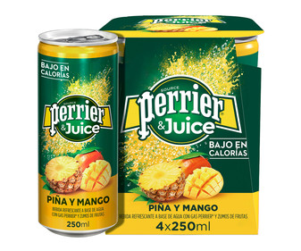 Bebida refrescante a base de agua con gas y zumo de piña y mango PERRIER 4 uds. x 250 ml. Bebida refrescante a base de agua con gas y zumo de piña y mango PERRIER 4 uds. x 250 ml.