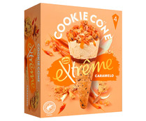 Conos de helado de caramelo con salsa de caramelo y trozos de galletas de chocolate EXTRÈME Cookie de Nestlé 4 x 110 ml.
