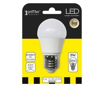 Bombilla led esférica 3W, con casquillo E27 (grueso) y luz cálida ECONOMIKLAS. Bombilla led esférica 3W, con casquillo E27 (grueso) y luz cálida ECONOMIKLAS.