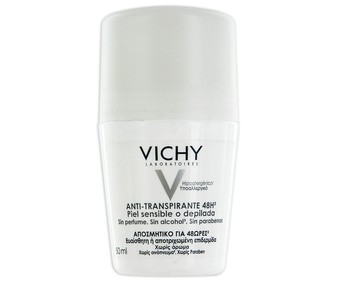 Desodorante roll con antitranspirante 48 horas, sin perfume ni alcohol ni parabenos VICHY 50 ml.