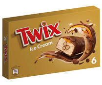 Barrita de helado de caramelo con trozos de galleta, recubierta de chocolate TWIX 6 x 50 ml.