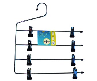 Percha metálica cromada para faldas y pantalones con 4 barras y pinzas ROZENBAL. Percha metálica cromada para faldas y pantalones con 4 barras y pinzas ROZENBAL.