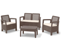 Conjunto de muebles de jardín de resina color marrón, 4 plazas con cojines incluidos, Tarifa Lounge ALLIBERT.