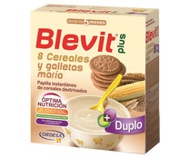 Papilla instantánea de 8 cereales dextrinados y galletas Maria, para bebés a partir de 5 meses BLEVIT Plus duplo 600 g.