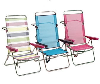 Silla plegable con posición de cama para camping y playa. Fabricada en aluminio, con asiento y respaldo alto de textileno, medidas 60x65x100 centímetros FIBERLINE.