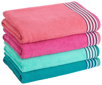 Toalla de playa rizo lisa con rayas inferiores, 330g/m², 70x140cm. ESSENTIAL. Toalla de playa rizo lisa con rayas inferiores, 330g/m², 70x140cm. ESSENTIAL.