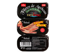 Filetes de anchoas con aceite de oliva ARTEIÑAKI, pack de 3 unidades de 29 g.