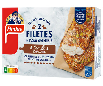 Filetes de pescado de pesca sostenible (MSC) empanados con 4 semillas y quinoa FINDUS 250 g. Filetes de pescado de pesca sostenible (MSC) empanados con 4 semillas y quinoa FINDUS 250 g.