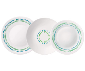 Vajilla de 18 piezas de vidrio opal color blanco con decoración azul y verde, Mediterraneo BORMIOLI ROCCO.