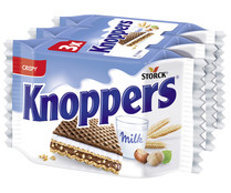 Galletas barquillos relleno con crema de leche y praliné cubierto de chocolate KNOPPERS 3 uds. 75 g.