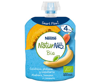 Bolsita de plátano y hortalizas (zanahoria y calabaza), a partir de 4 meses NESTLÉ Naturnés bio 90 g. Bolsita de plátano y hortalizas (zanahoria y calabaza), a partir de 4 meses NESTLÉ Naturnés bio 90 g.