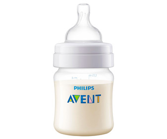 Biberón con anillo adaptador, capacidad de 125 ml y sistema anticólicos AVENT de Philips. Biberón con anillo adaptador, capacidad de 125 ml y sistema anticólicos AVENT de Philips.