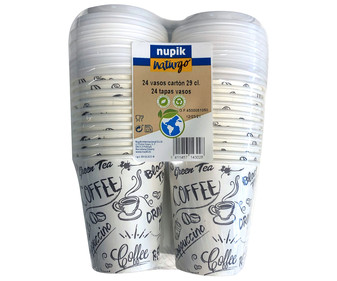 Vasos de cartón con tapa especial para café, 0,29 litros, 24 unidades Naturgo NUPIK. Vasos de cartón con tapa especial para café, 0,29 litros, 24 unidades Naturgo NUPIK.