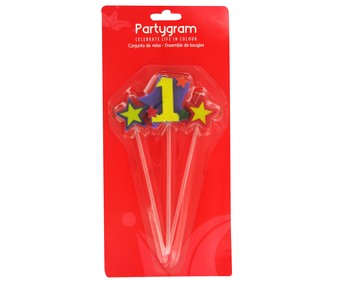 Pack de tres velas de cumpleaños, 2 estrellas y número 1 PARTYGRAM. Pack de tres velas de cumpleaños, 2 estrellas y número 1 PARTYGRAM.