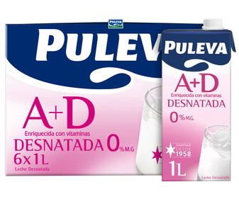 Leche desnatada (0% materia grasa) de vaca, enriquecida con vitaminas A y D y de origen 100% español PULEVA 6 x 1l. Leche desnatada (0% materia grasa) de vaca, enriquecida con vitaminas A y D y de origen 100% español PULEVA 6 x 1l.