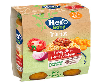 Tarrito de espaguetis con carne y verduras, a partir de 10 meses HERO BABY Trocitos 2 x 250 g. Tarrito de espaguetis con carne y verduras, a partir de 10 meses HERO BABY Trocitos 2 x 250 g.